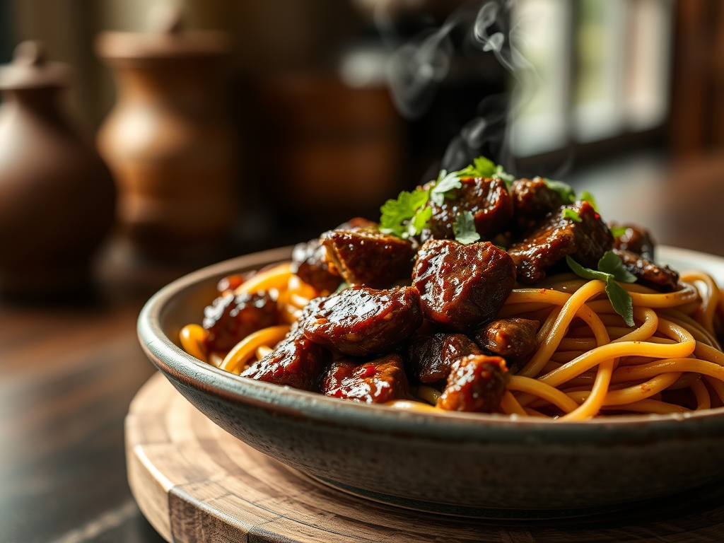 Freshly prepared asian beef recipes with noodles