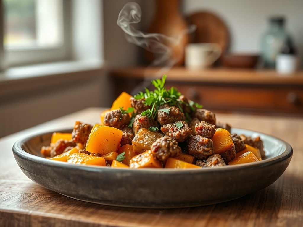 Freshly prepared butternut squash and ground beef recipes
