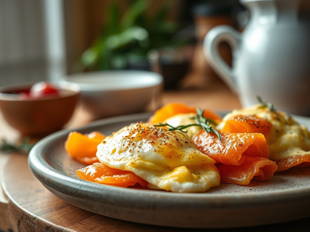 Freshly prepared scrambled eggs with smoked salmon recipes